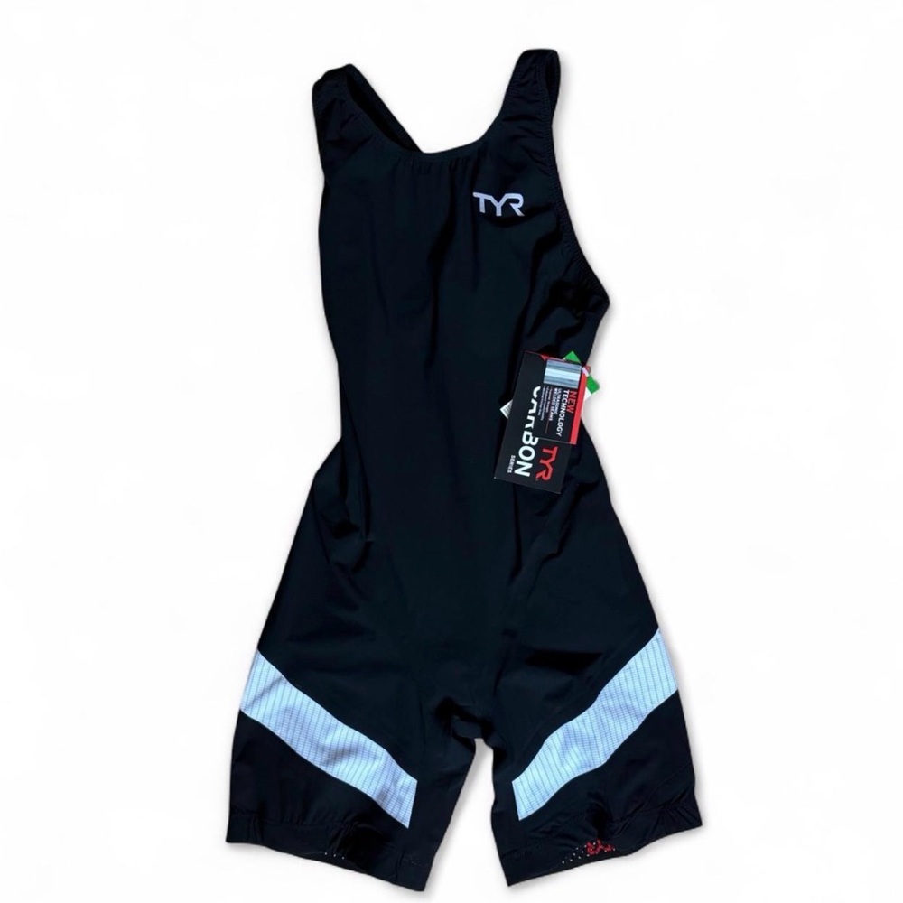 TYR Carbon Aerobk Trisuit Open Back M NWT Black/White Swimming Competition Suit